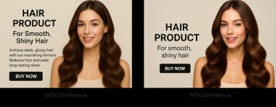 Comparison of two hair product ads showing the same model, with the simplified design on the right labeled 90% confidence and the text-heavy design on the left labeled 60% confidence.