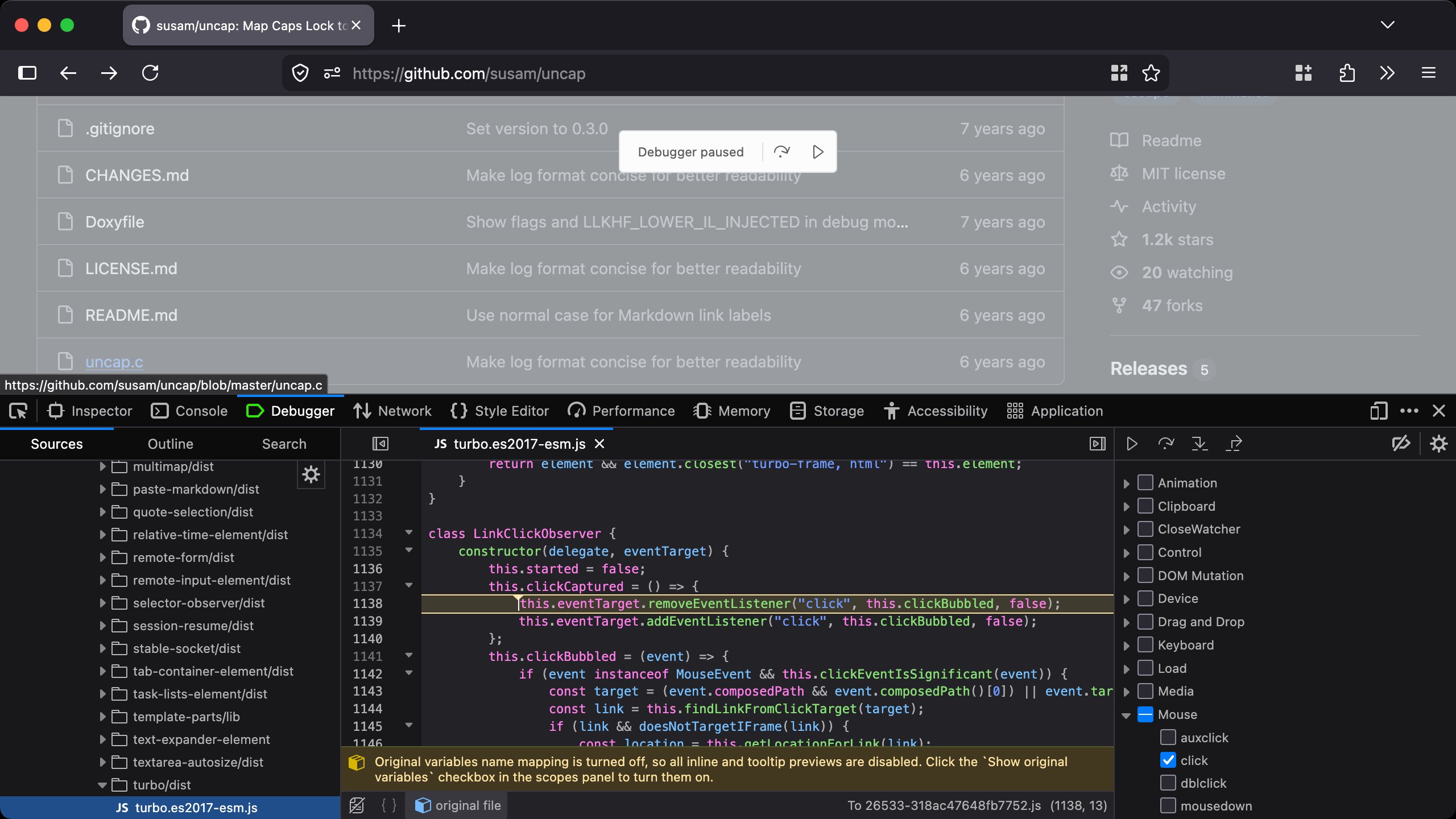 Screenshot of a GitHub repository page with the browser's developer tools open, paused in the JavaScript debugger on a click event listener.