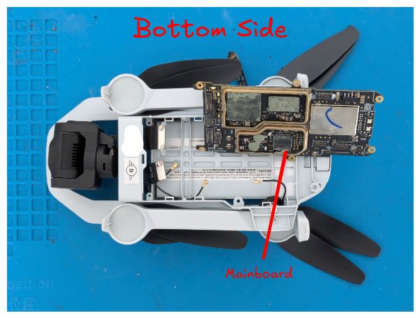 Bottom side of the drone, with the mainboard and some of its RF shields already removed
