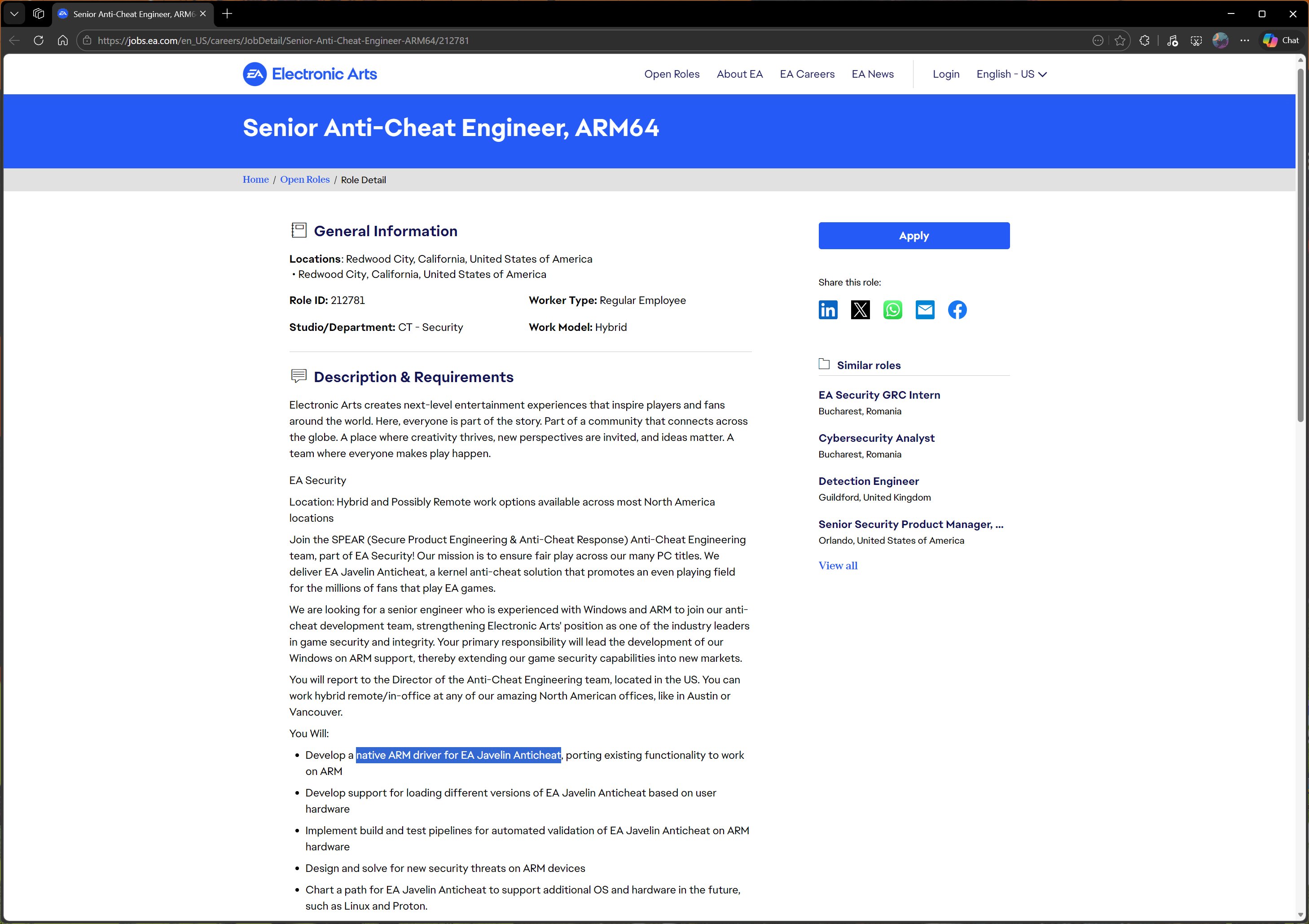 Job listing for a 'Senior Anti-Cheat Engineer, ARM64' by EA