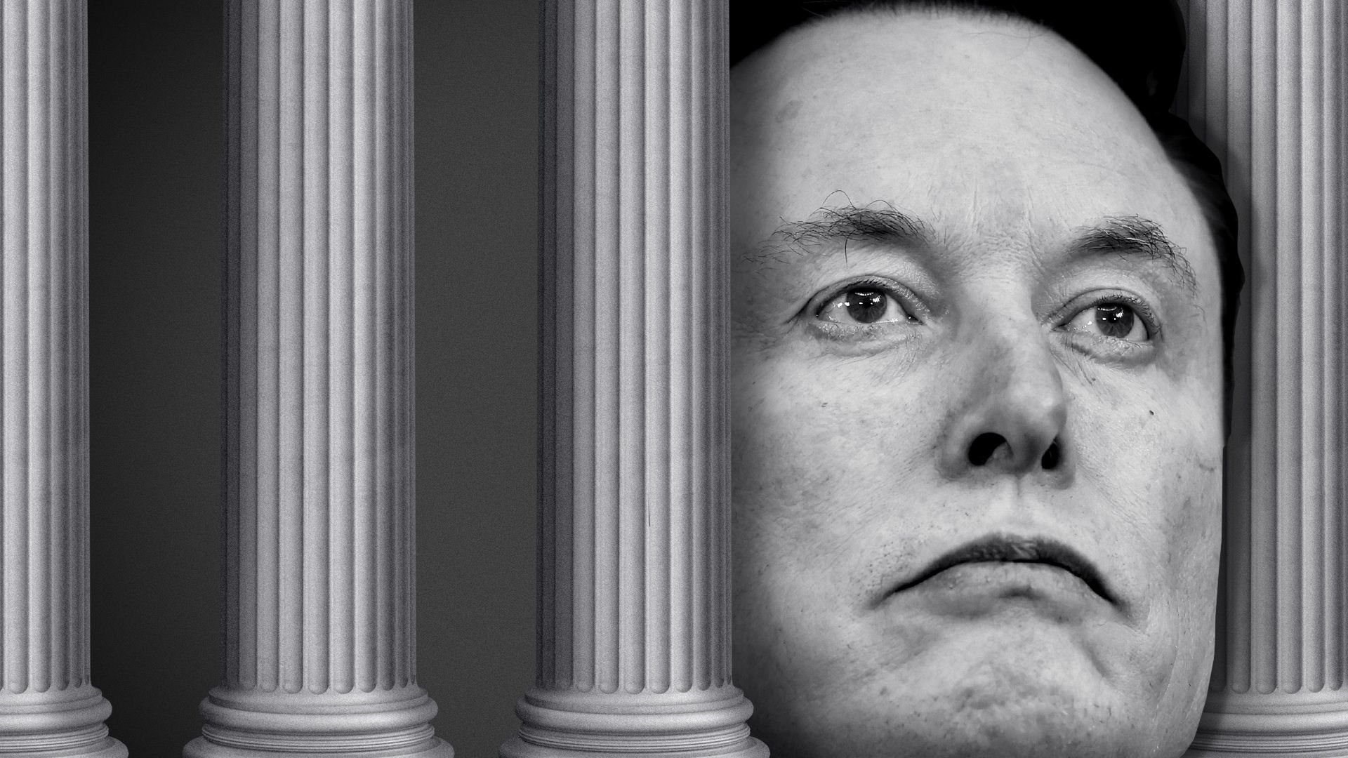 Photo illustration of Elon Musk's head popping out from between a wall of columns. 