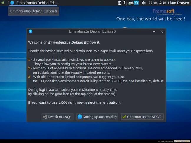 The first of many post-install questions in Emmabuntus: which desktop, Xfce or LXQt