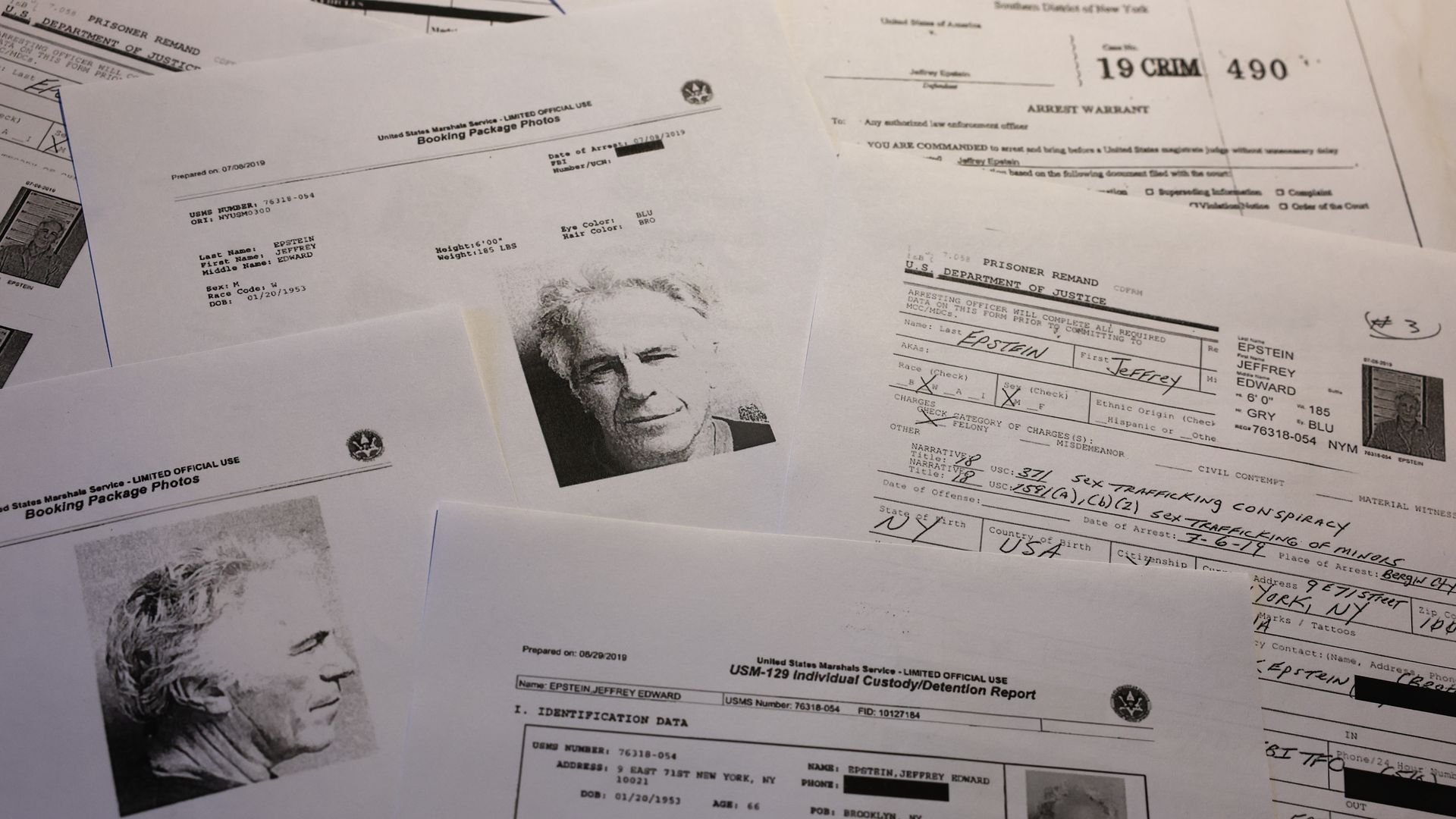 A pile of black-and-white Images of Jeffrey Epstein and other documents is displayed.