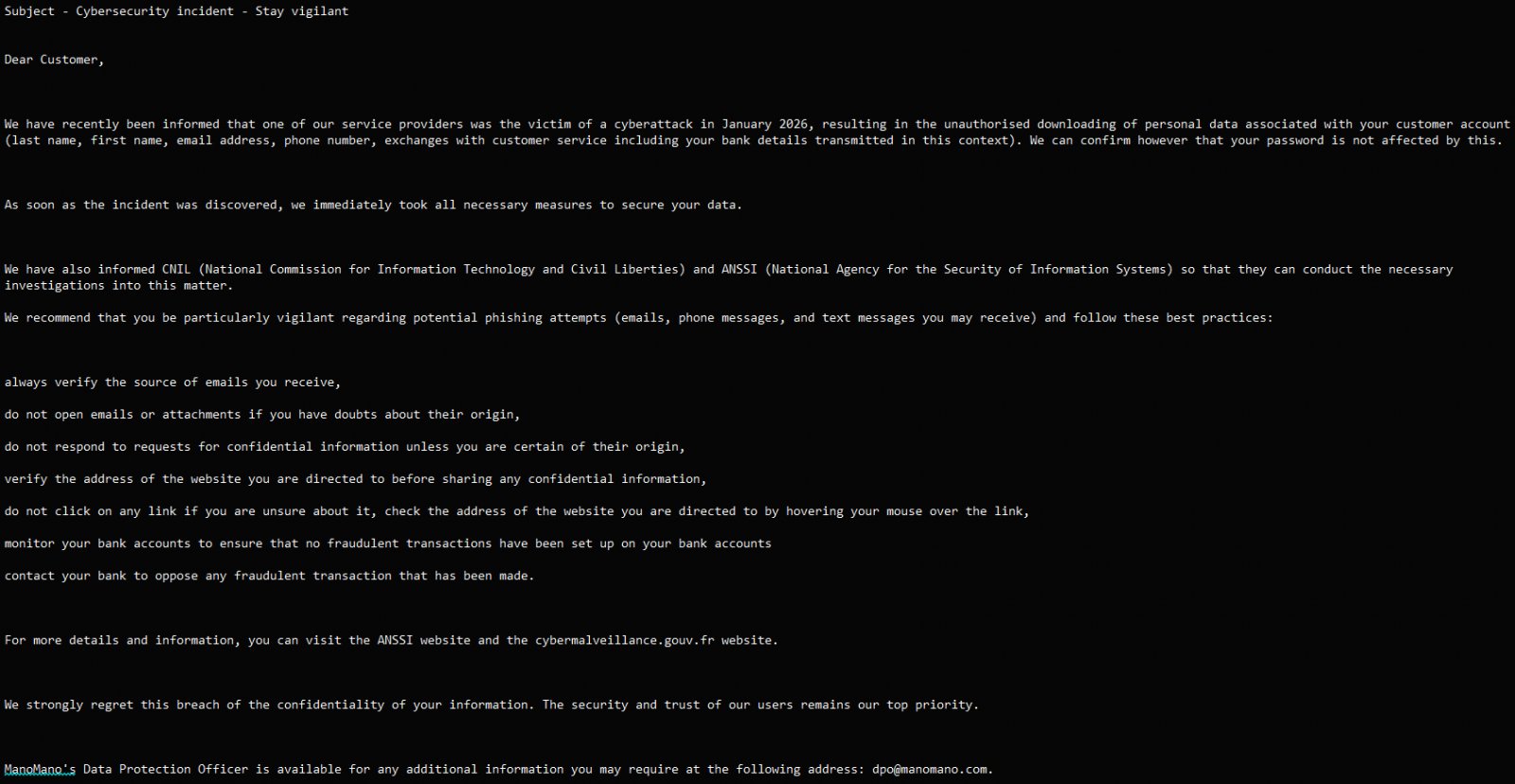 Notice sent to customers