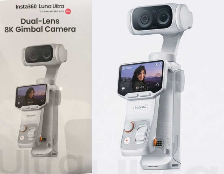Insta360 Luna Ultra original retail box (left) vs AI-enhanced close-up image (right).