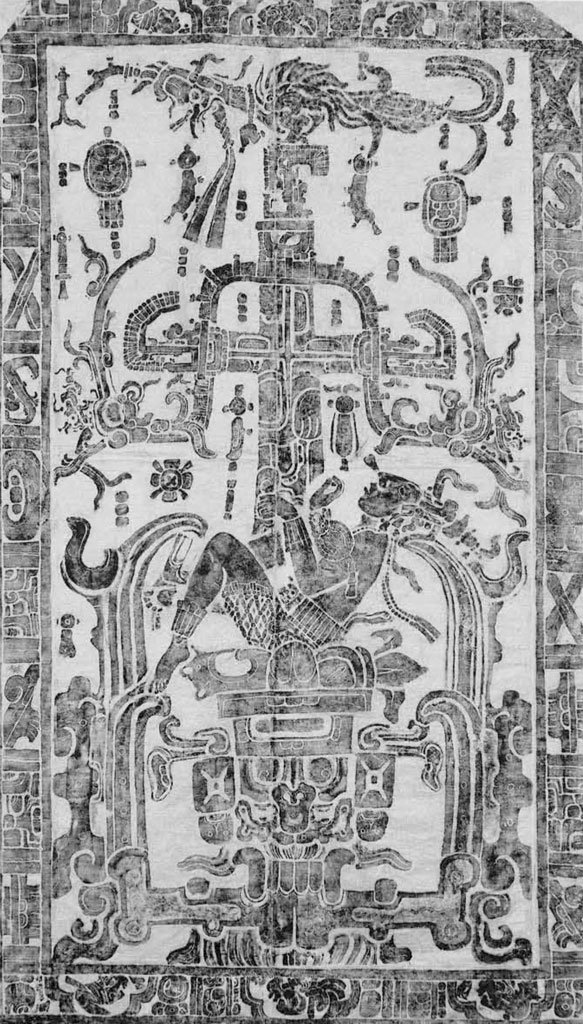 Carving on a Maya king's sarcophagus showing how his death will help a tree grow.