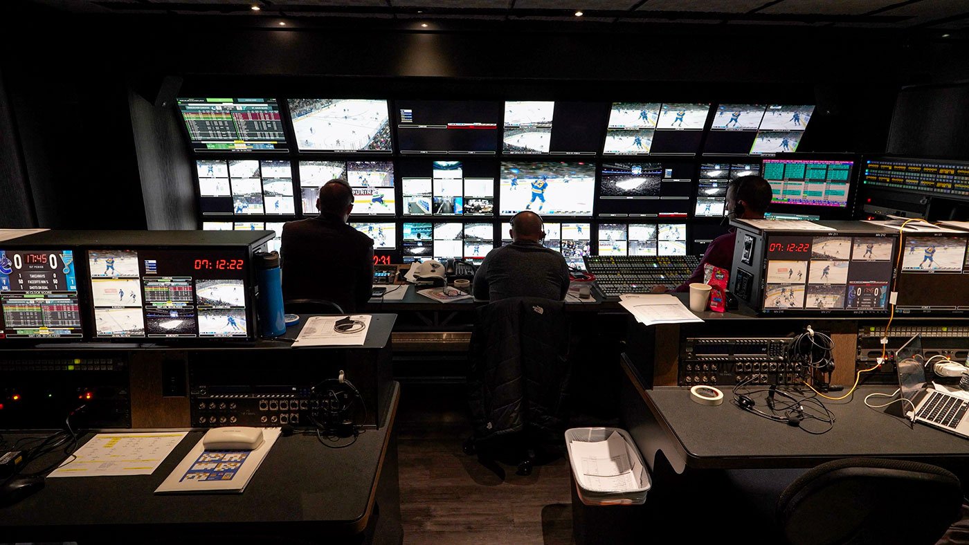Broadcast production room in 45 Flex truck at a Blues game