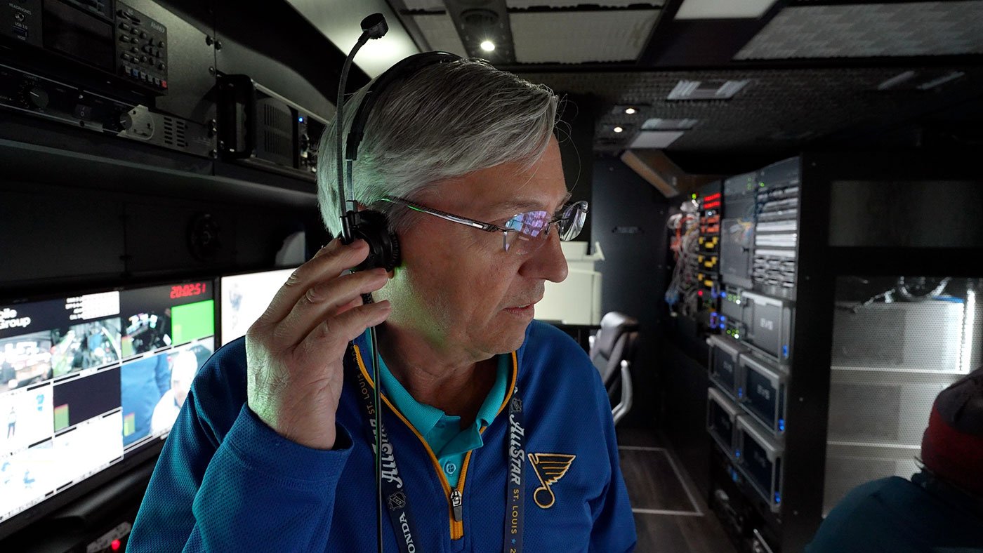 Broadcast production room in 45 Flex truck at a Blues game
