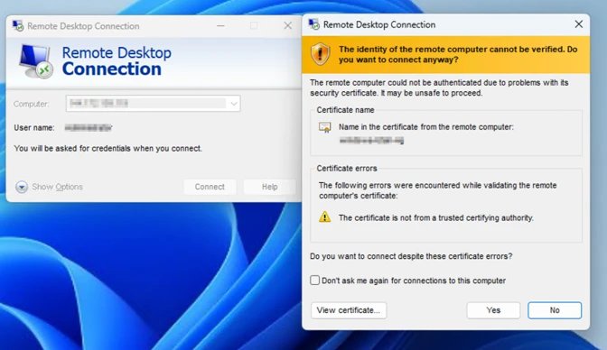 Screenshot of Remote Desktop Connection interface showing login prompt and security warning. Warning highlights unverified remote computer identity and certificate errors, with options to view certificate, connect anyway, or cancel connection.