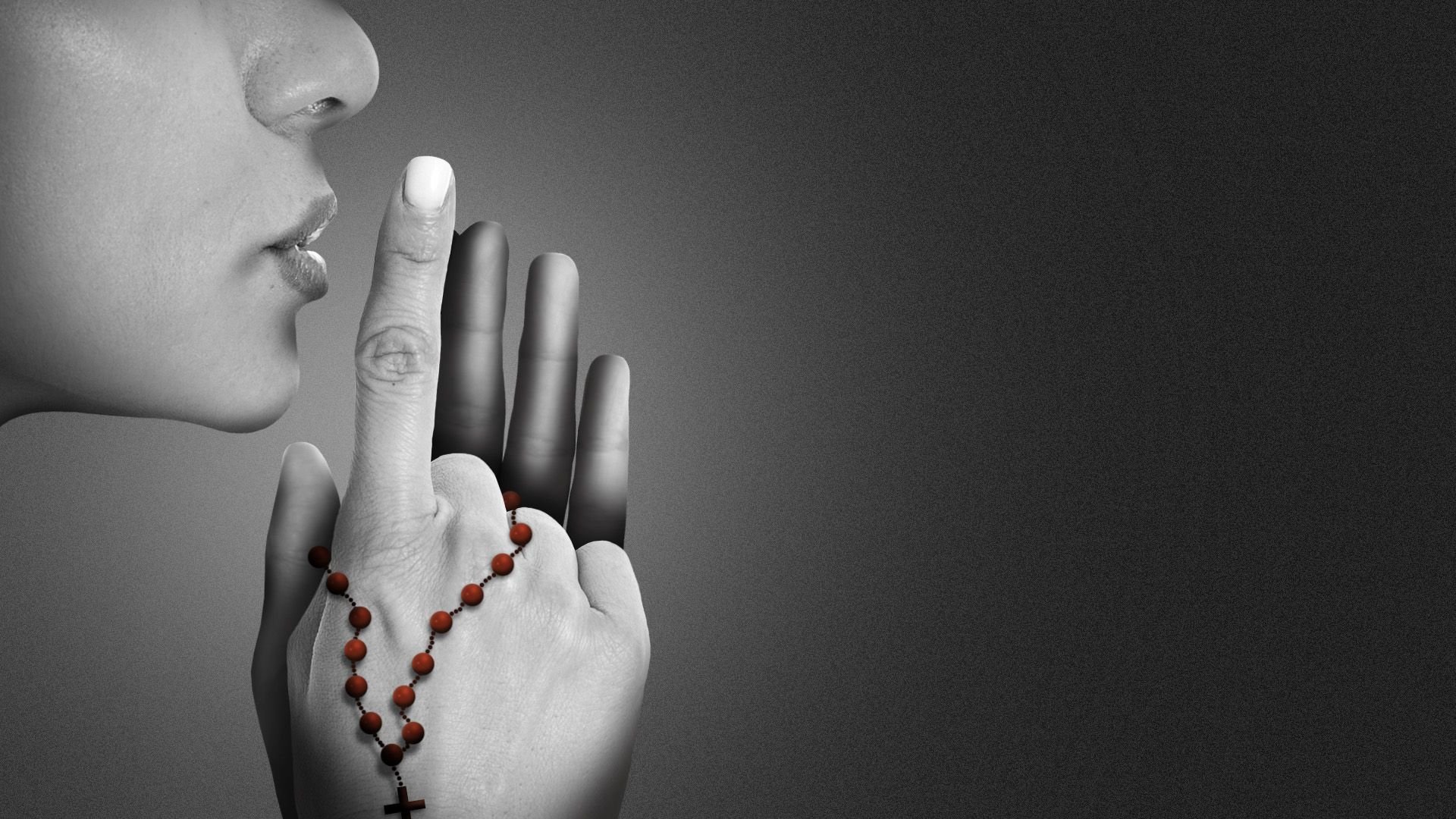 Illustration of a person praying with prayer beads with one hand in the form of a