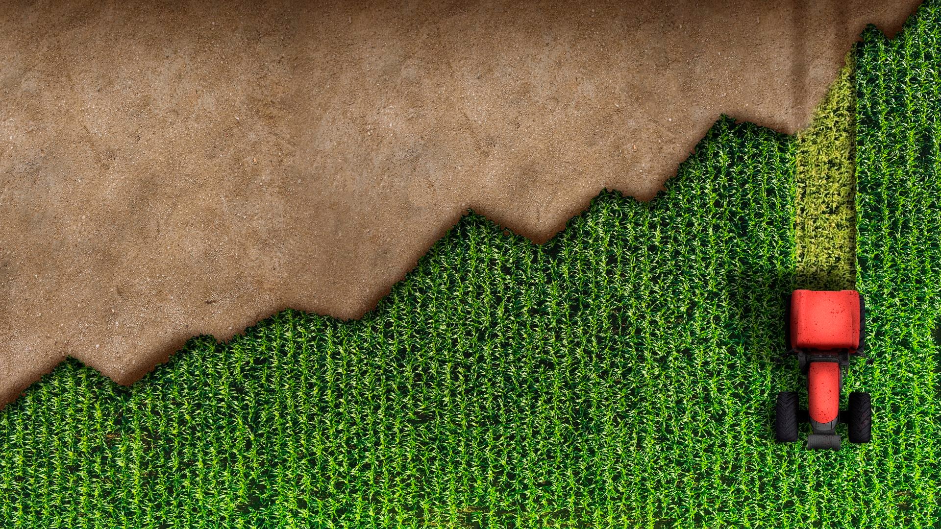 Illustration of a tractor and a field of crops from above in the form of an upward trending line chart
