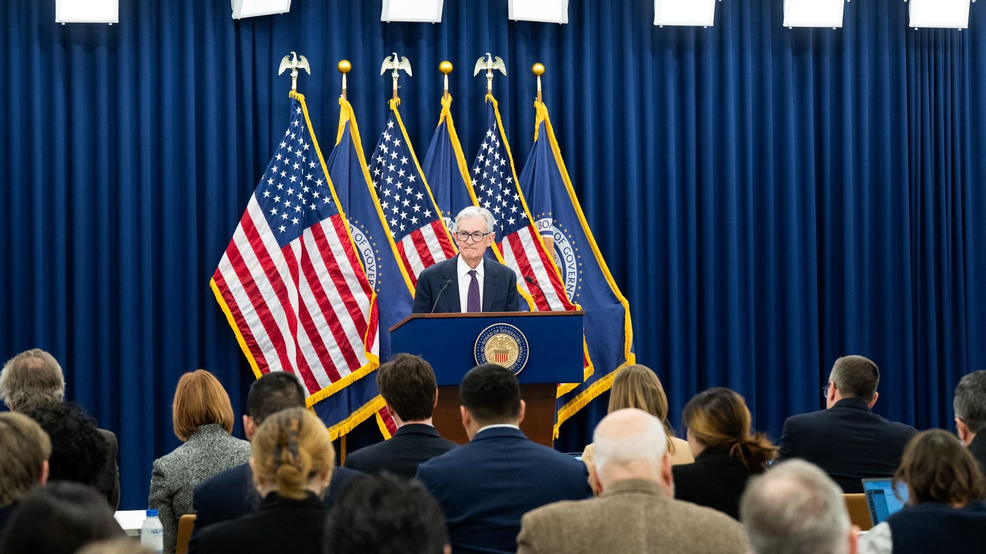 Fed chair Jerome Powell speaks during a press conference last month. 