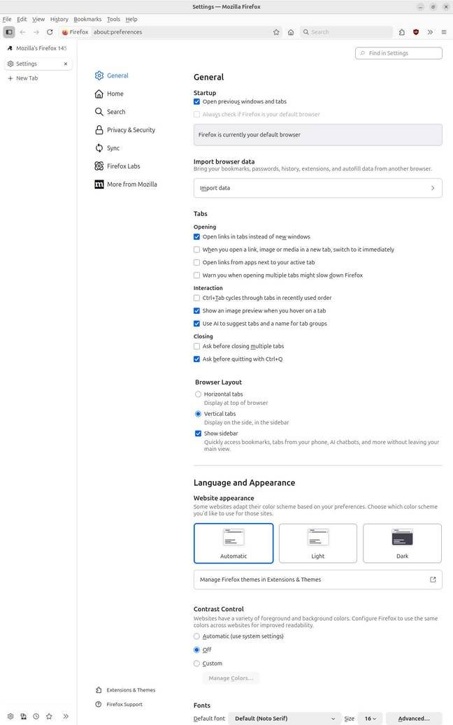 Firefox 147's most visible change: the Tabs Settings have been split into categories.