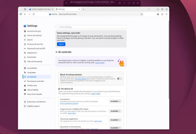 Firefox Nightly Settings AI controls