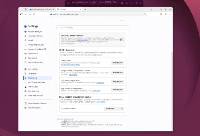Firefox AI controls