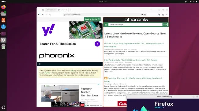 Firefox 149 split view mode on Ubuntu Linux