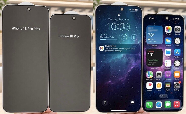 The leaked iPhone 18 Pro series screen protectors (left) look taller than their iPhone 17 Pro series counterparts. The leak/rumor of a taller display aspect ratio hasn't been corroborated by other sources yet.