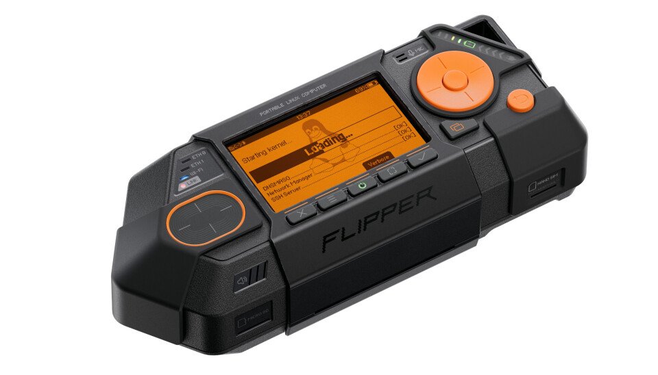 Black handheld device with an orange screen, circular orange controls, and the Flipper logo on the side.