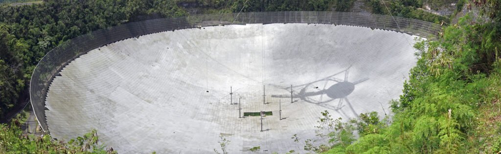 a large silvery bowl nestled in a hole surrounded by green vegetation