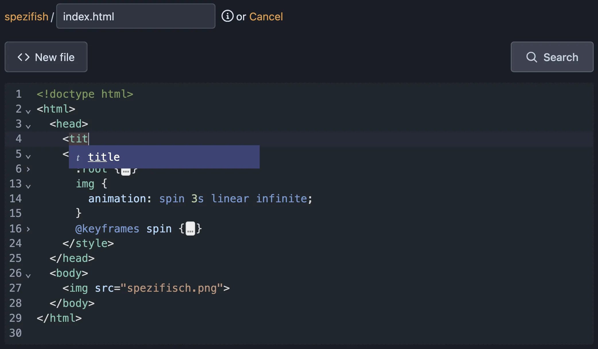 The new code editor with a new html file open
