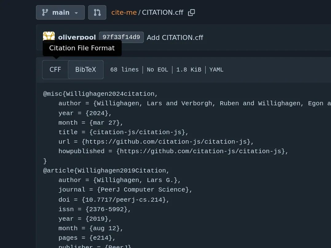 View of the BibTex version of a CFF (Citation File Format), with the format switcher visible in the top-left