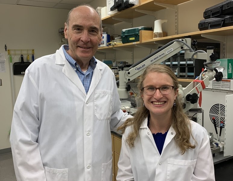 Mark Bear and Sara Kornfeld-Sylla in white lab coats pose in front of a laboratory bench