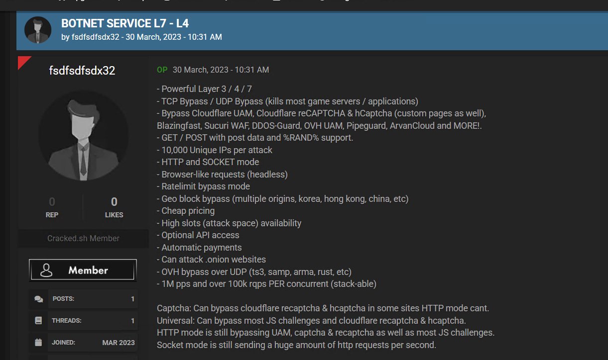 A post from 2023 offering Botnet services