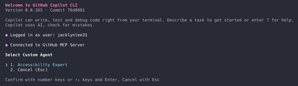 Screenshot of the GitHub Copilot CLI listing available custom agents.