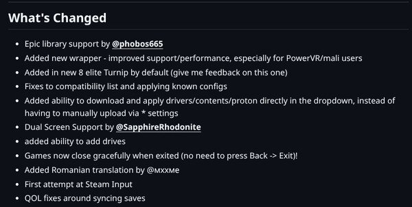 A screenshot showing the changelog of GameNative version 0.7.1.