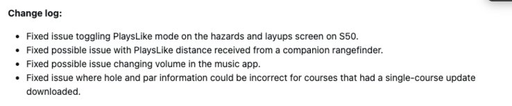 The change log for system software 8.04 for the Garmin Approach S44 and S50 smartwatches. (Image source: screenshot from Garmin forum)