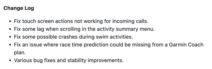 Software Version 27.09 changelog for other Garmin Forerunner smartwatches. (Image source: Garmin)
