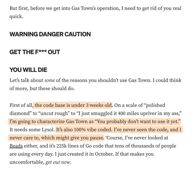 Yegge's emphatic warnings and reasons why we shouldn't use Gas Town (highlights mine)