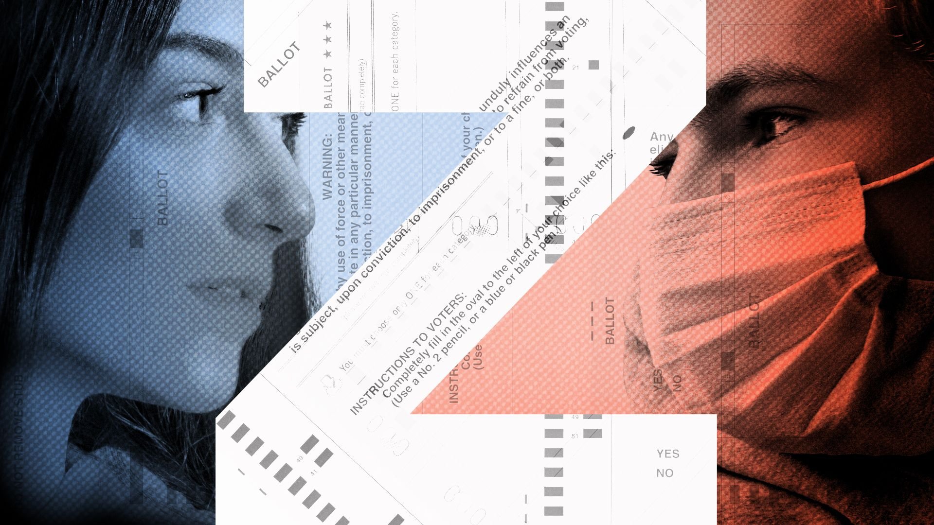 Illustration of a Gen Z woman and man in a mask facing each other with ballot elements and a 