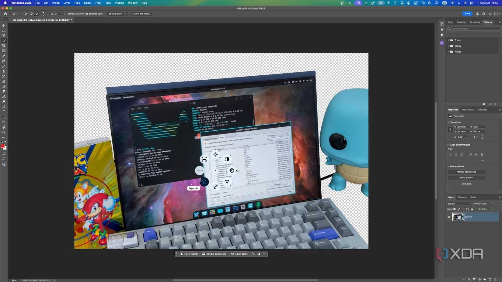 Screenshot of Adobe Photoshop with an Actions Ring overlay showing the Canvas size option selected
