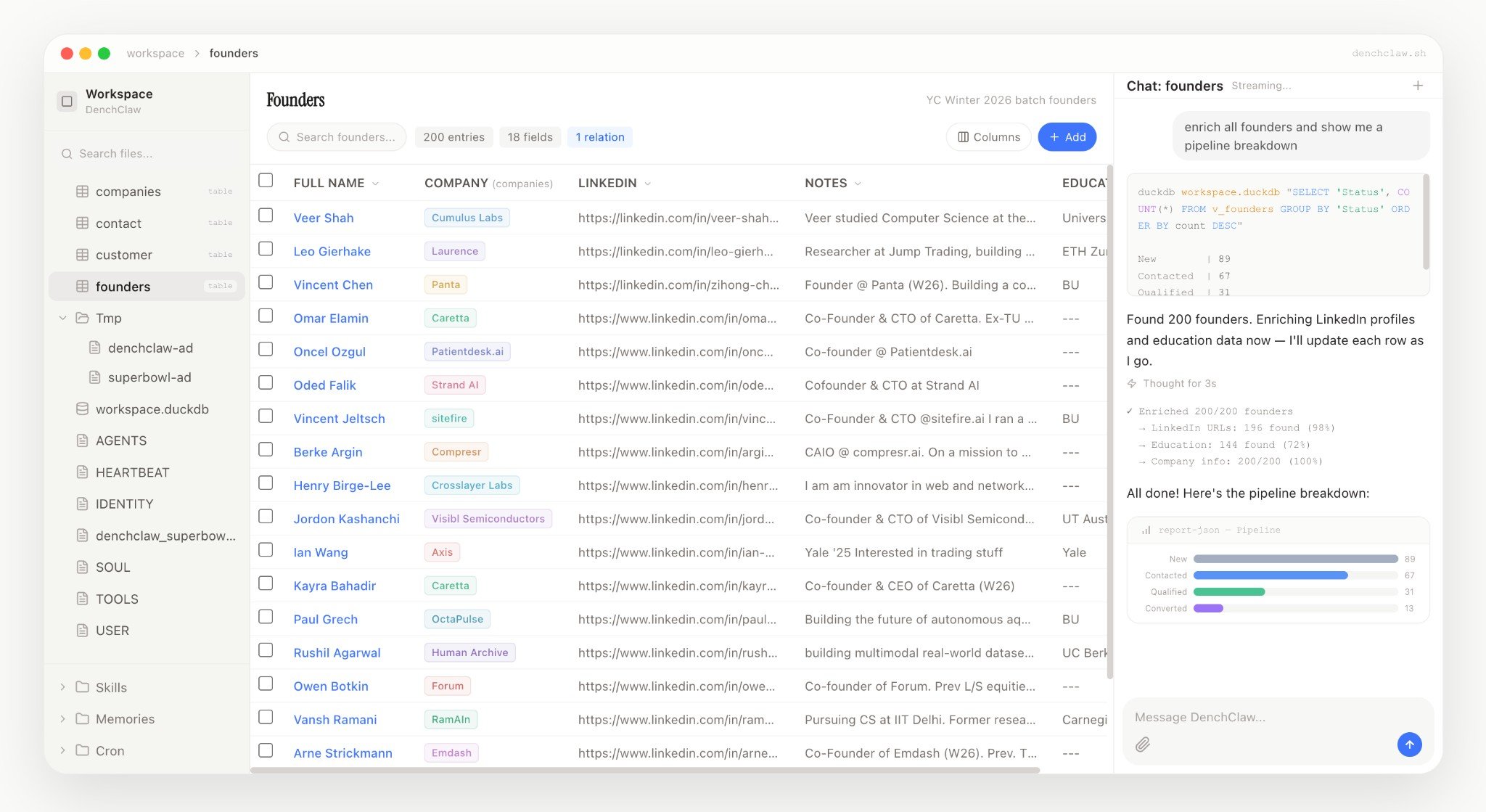 DenchClaw Web UI — workspace, object tables, and AI chat