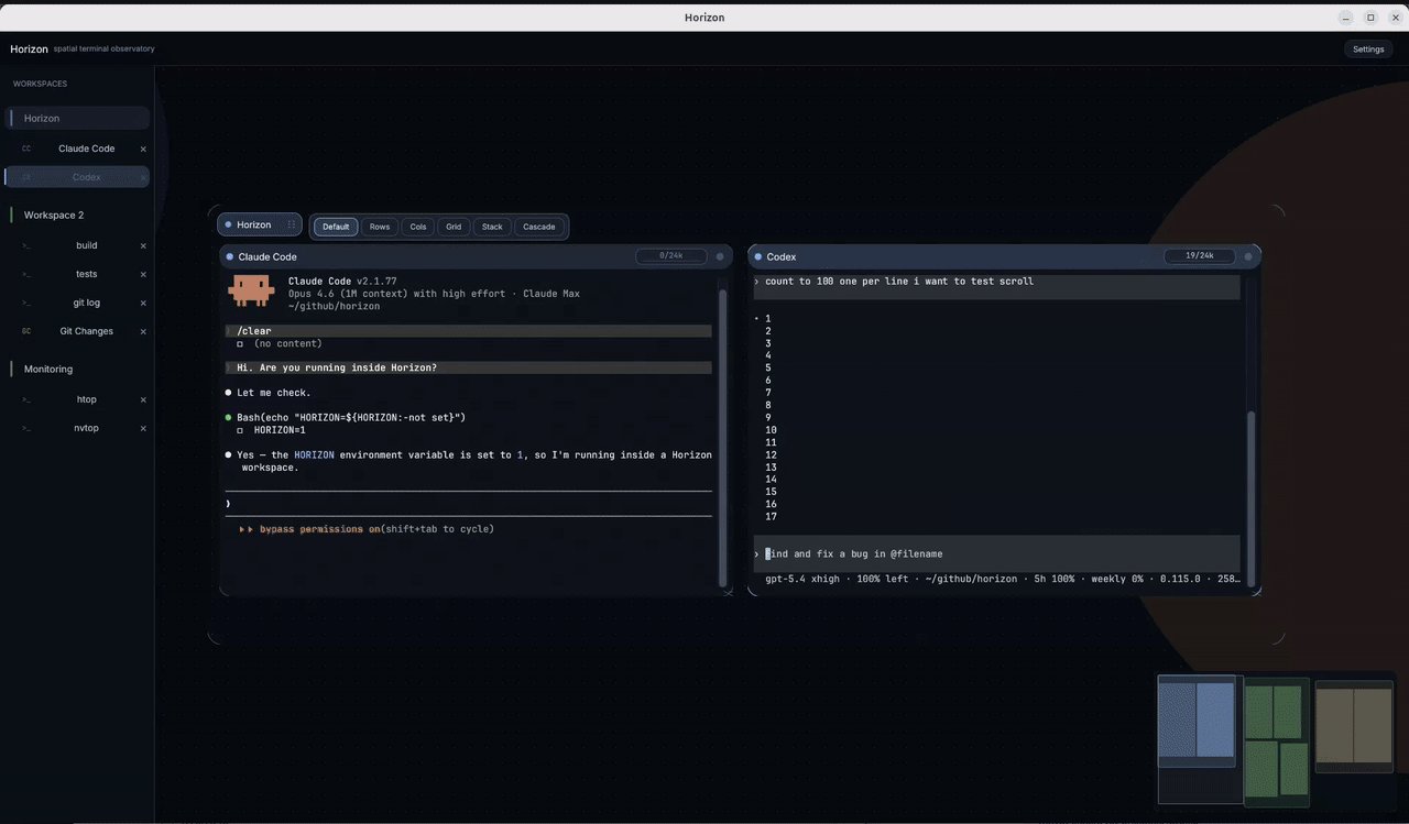 Horizon demo — panning across AI Agents, Dev, and Monitoring workspaces