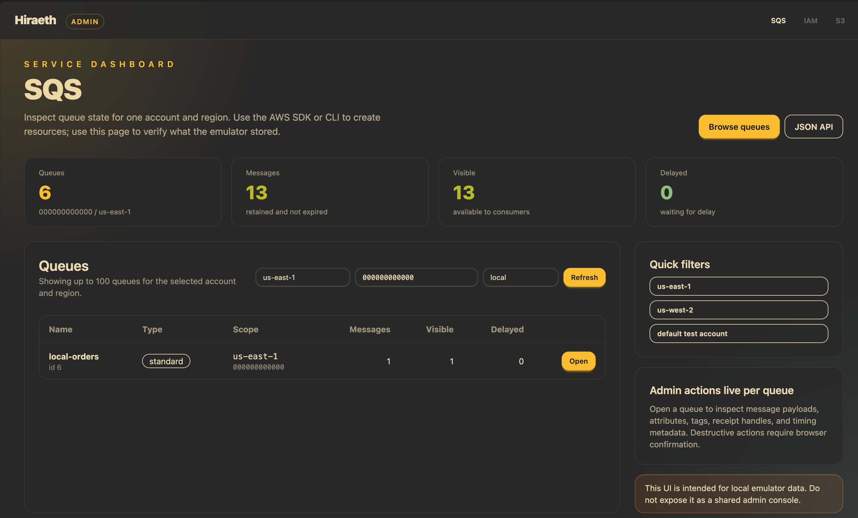 Hiraeth web UI showing the SQS dashboard