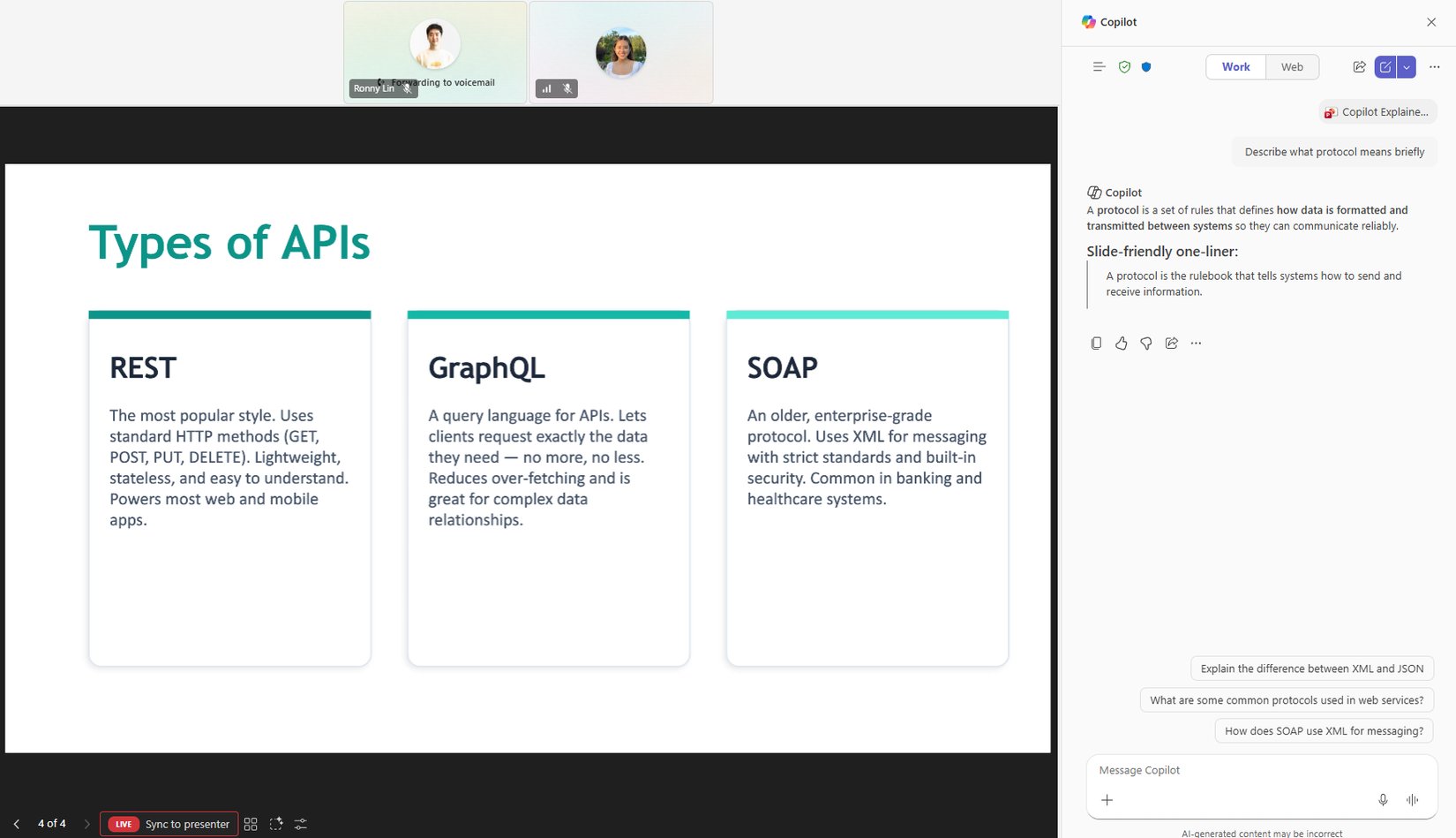 An example of Copilot explaining something in PowerPoint in Microsoft Teams