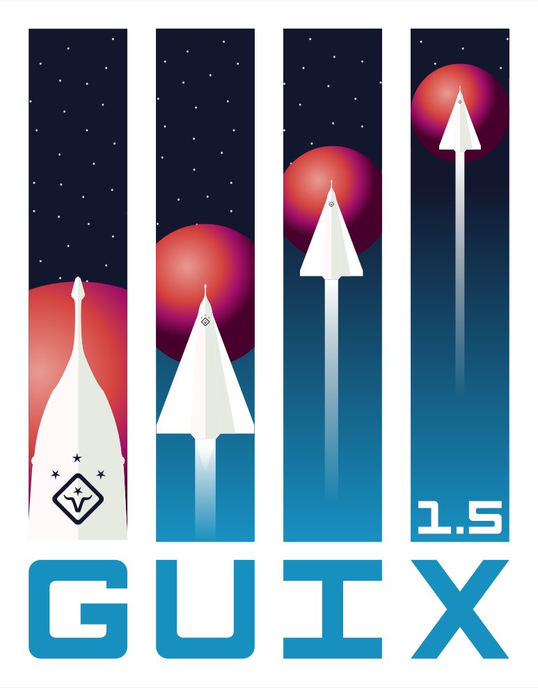 A rocket with the Guix logo flying into space with a round planet inthe background. Below is written Guix1.5