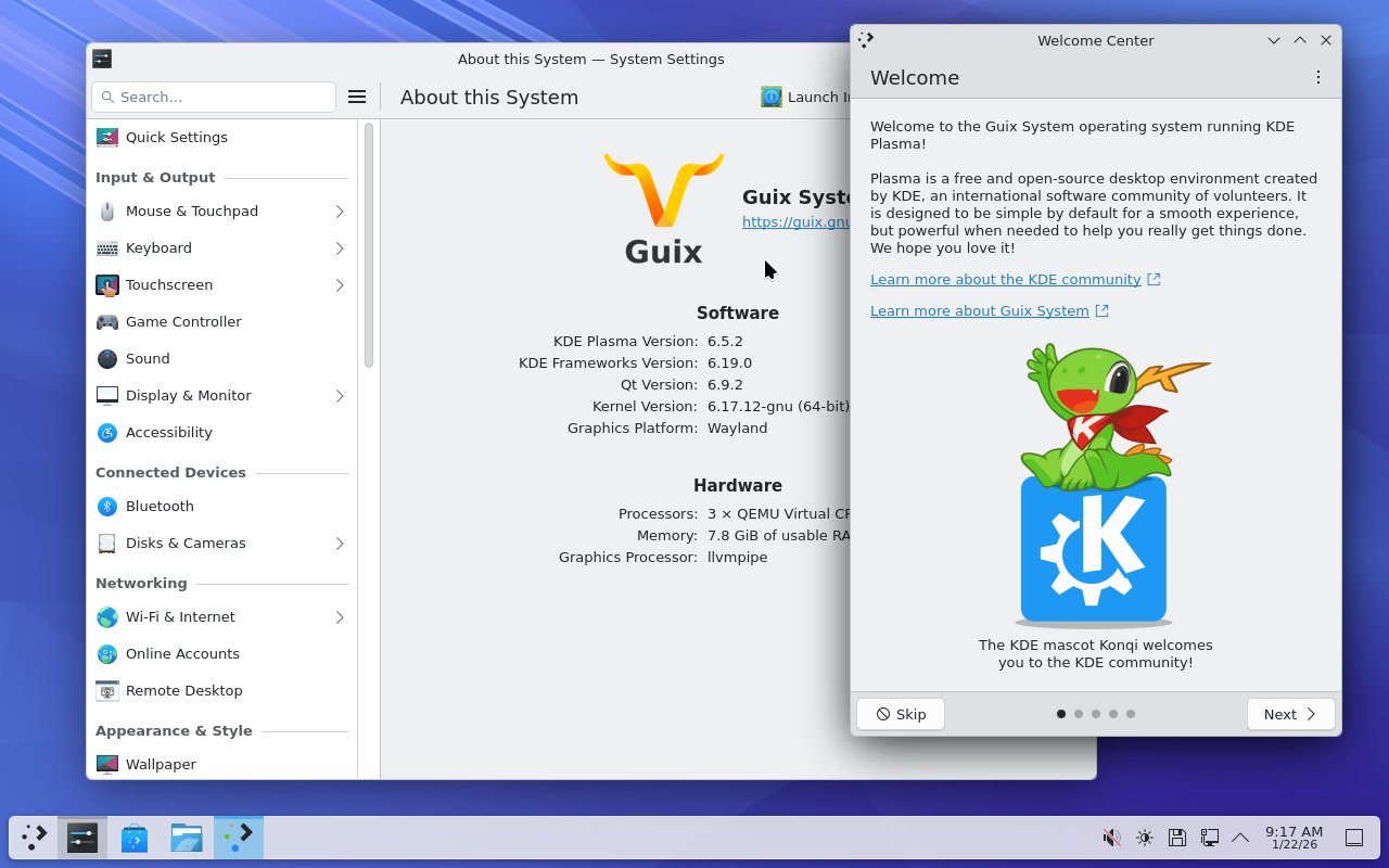 Screenshot of KDE Plasma with a welcome window and the About thissystem tab of system settings open. The Guix and KDE logos arevisible, as well as Konqi.
