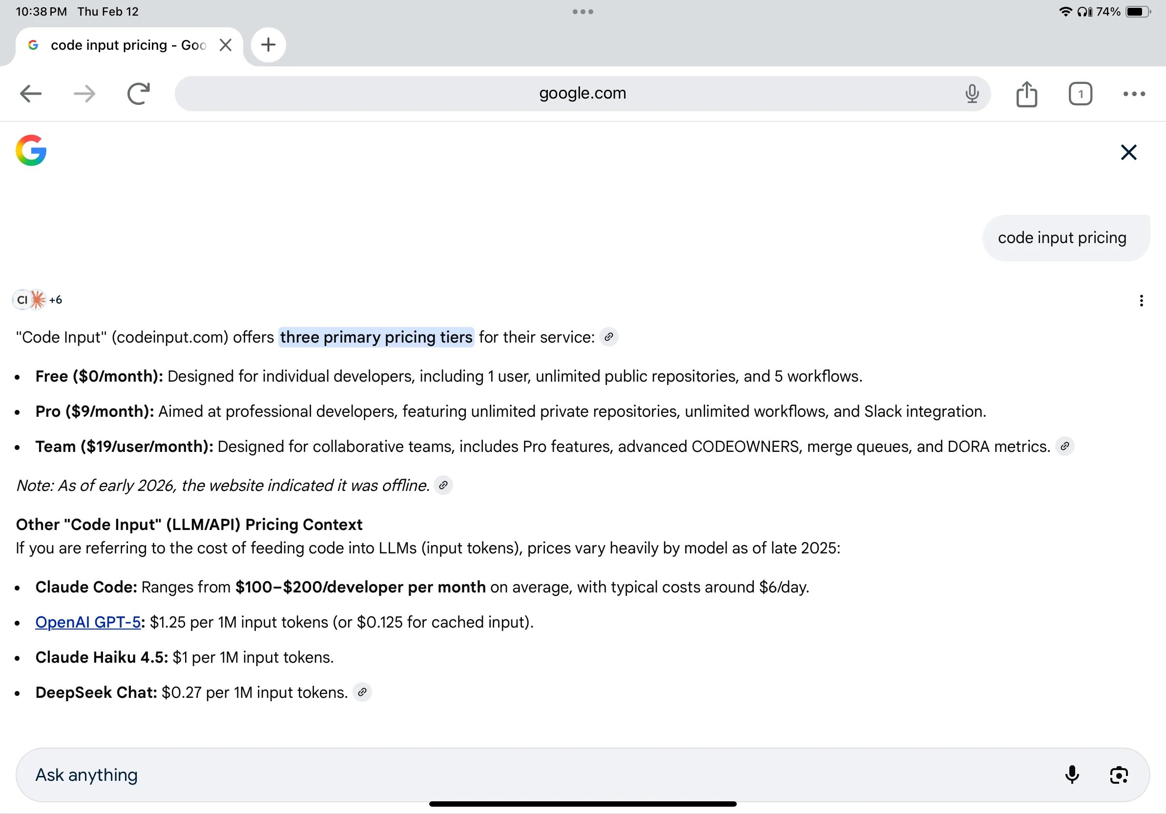 Code Input summarized Pricing details