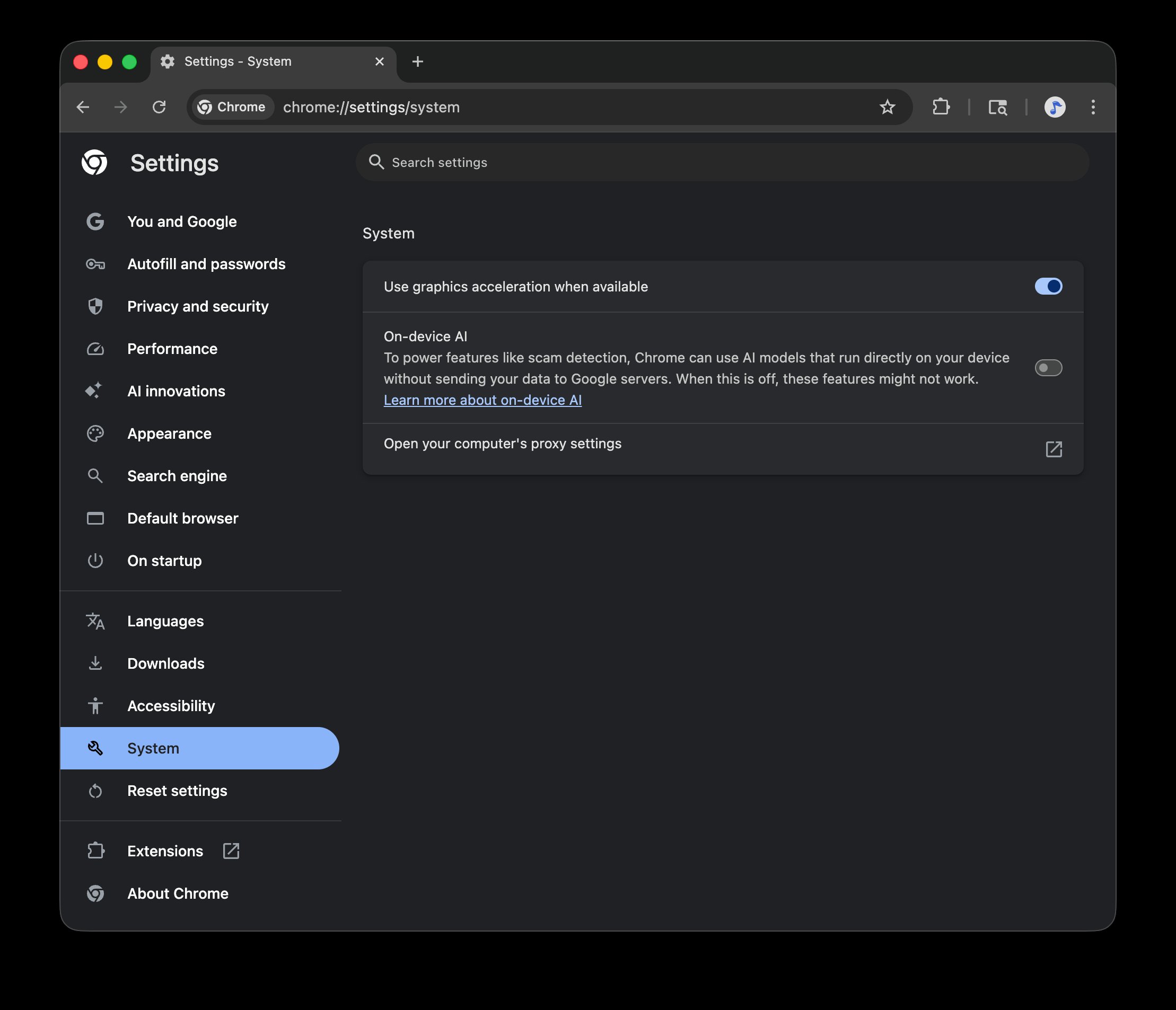 Chrome browser settings with system tab open showing disabled on-device AI option.