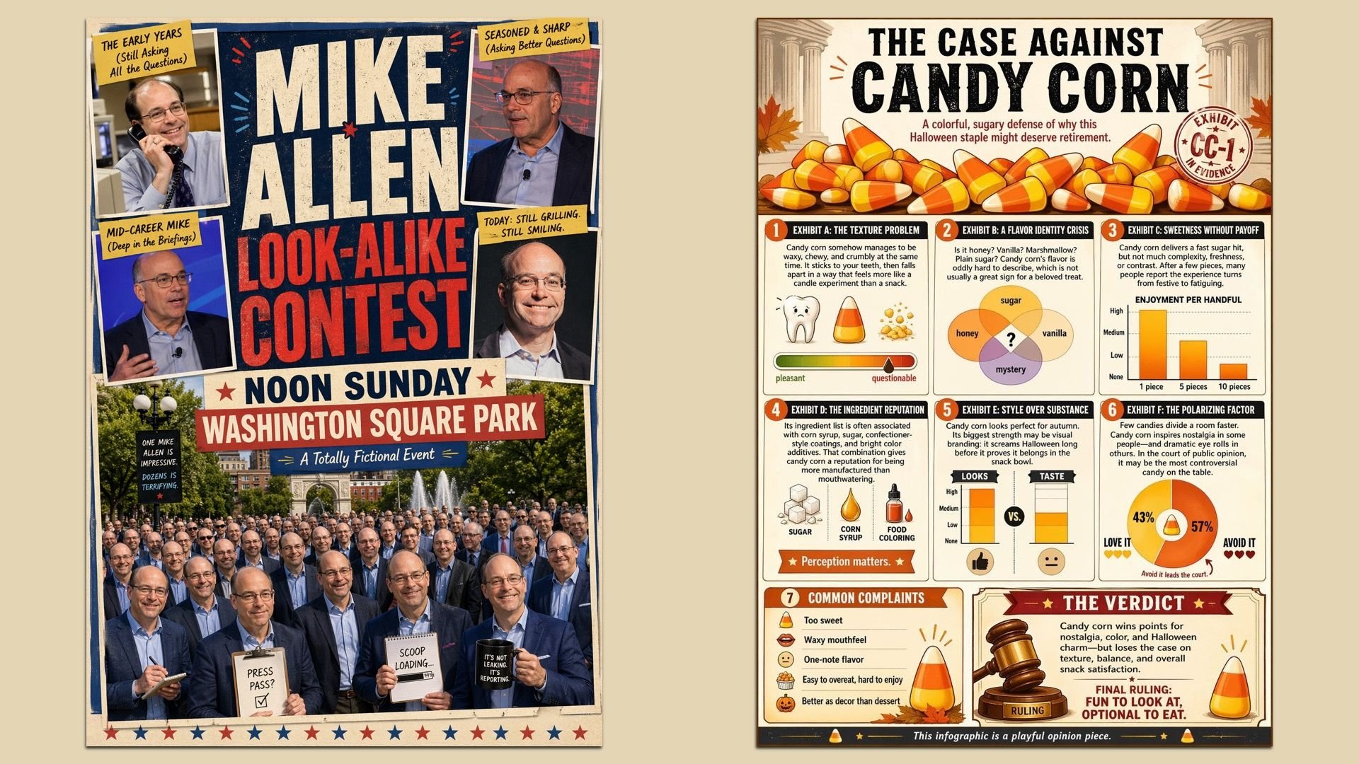 Beige background with two posters: left shows a collage for 