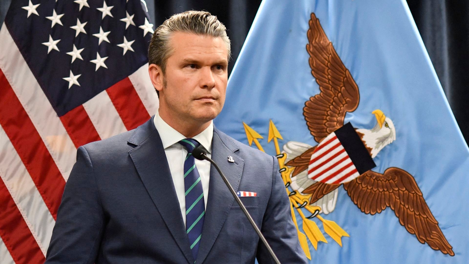 Secretary of Defense Pete Hegseth at a press conference. 