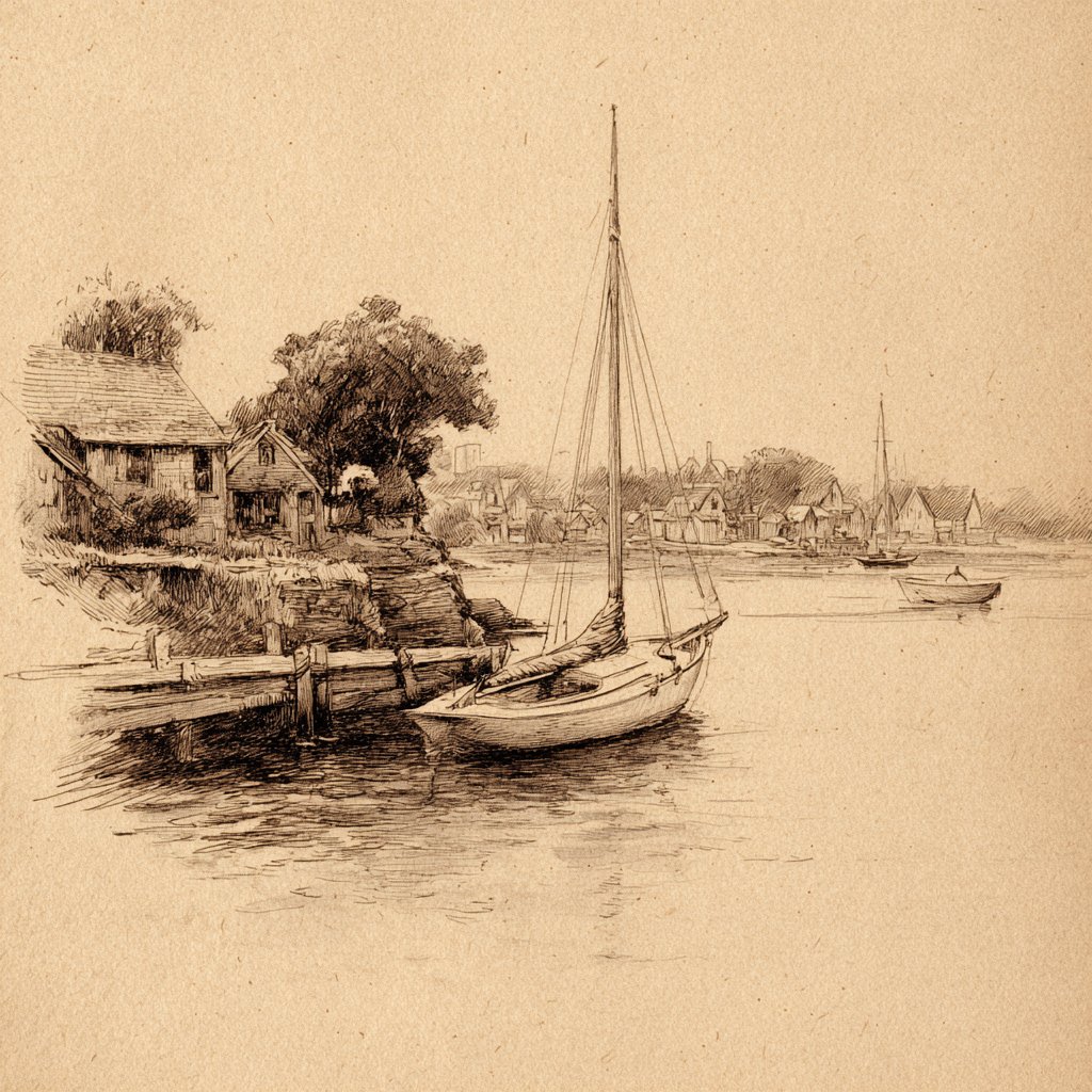 Pencil sketch of a sailboat moored near a dock with shoreline buildings in the distance.
