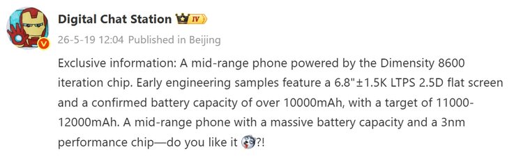 Leaked Weibo post from Digital Chat Station hints at an upcoming Honor phone with a Dimensity 8600 chip and an unusually large battery exceeding 10,000mAh.