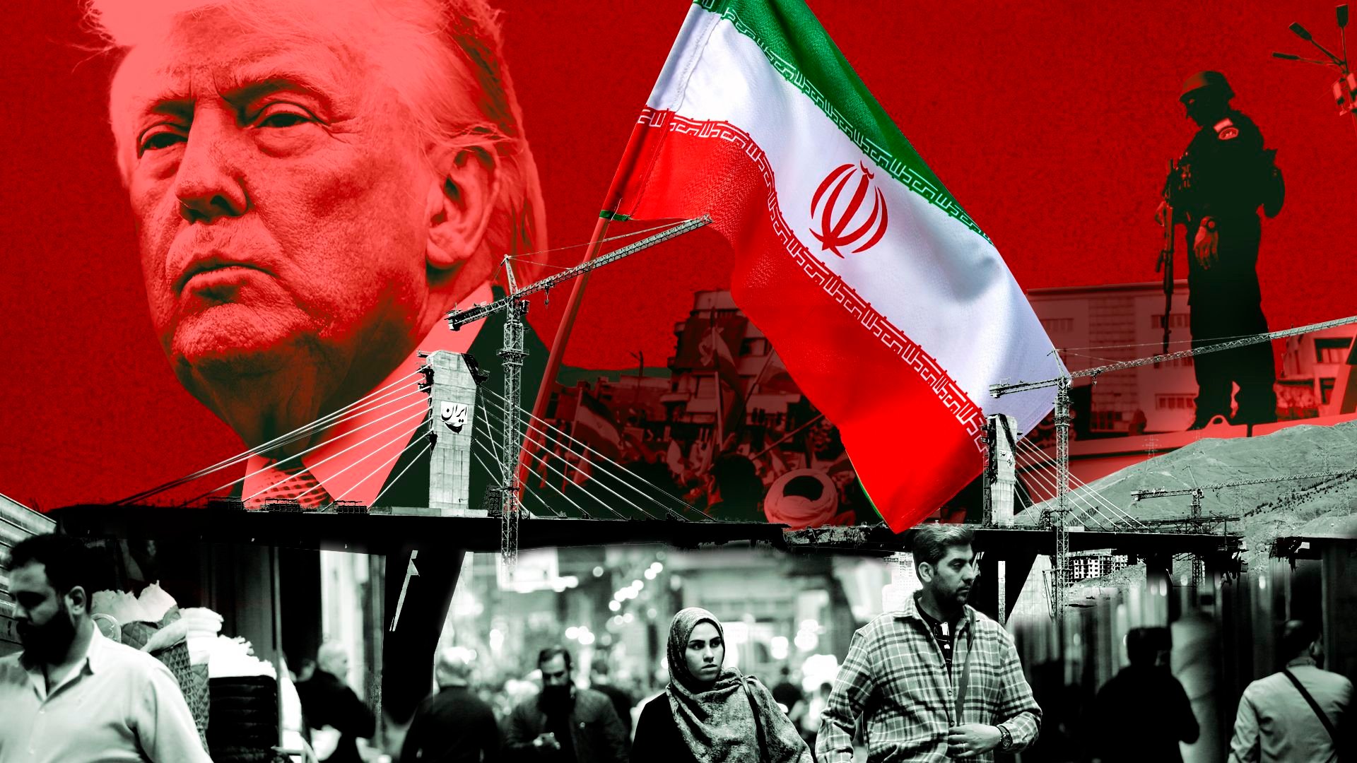 Photo illustration of President Trump next to a collage of photos, including the destroyed B1 bridge, an Iranian flag, and citizens of Tehran