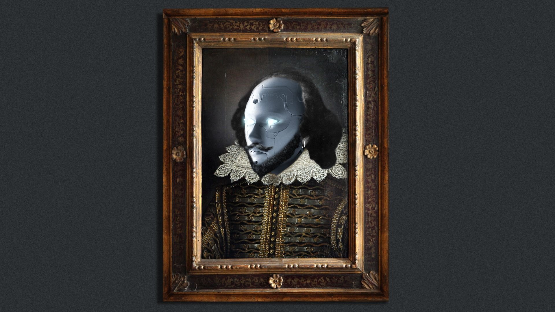 Illustration of a framed painting of a robotic William Shakespeare.
