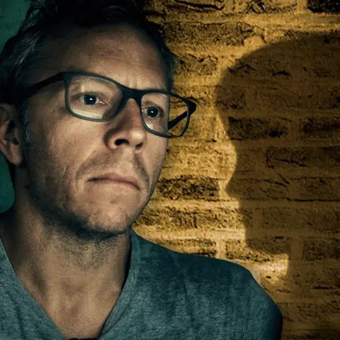 BBC Greg Squire in grey v-neck t-shirt and glasses, next to a treated image of a brick wall and a girl's silhouette