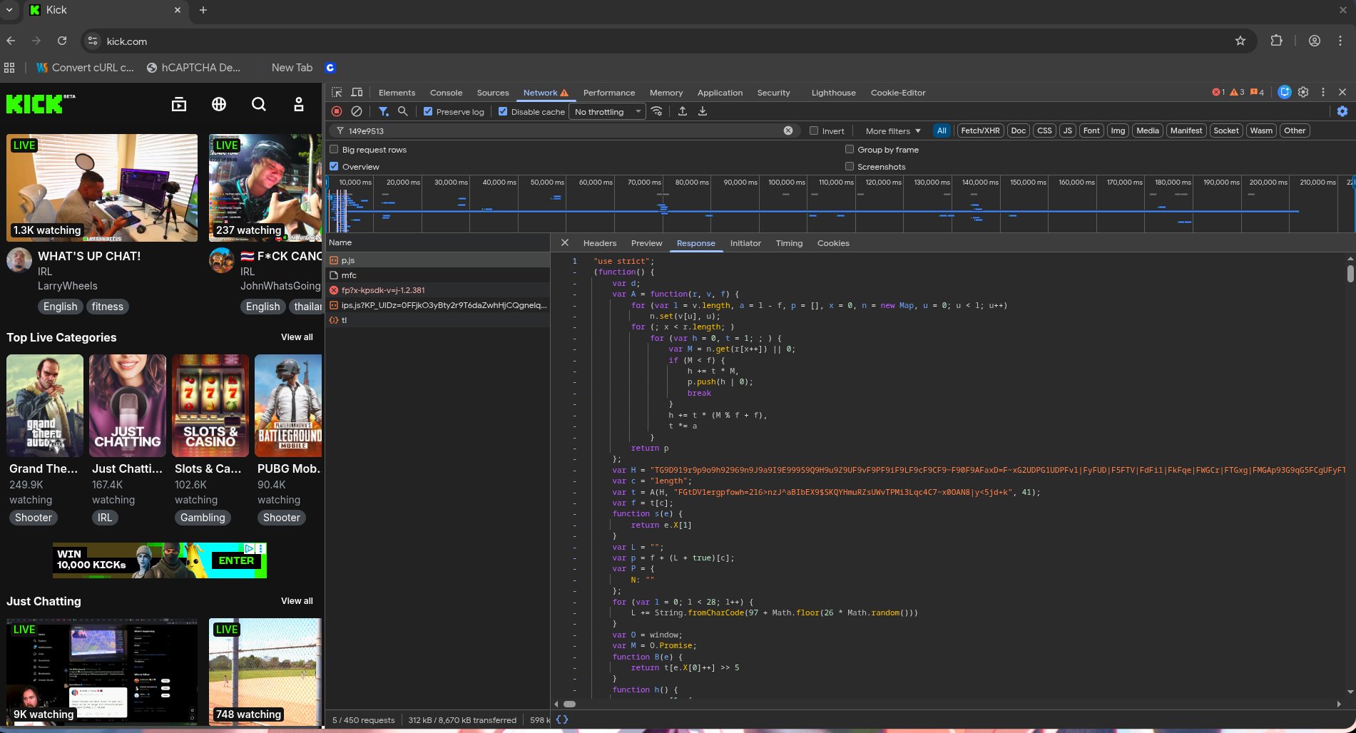Kick network tab showing the anti-bot request flow
